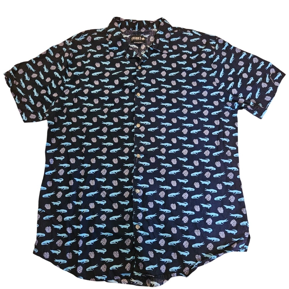 Trunks Surf & Swim Co Mens XXL Blue Crocodile Monstera Leaf Button Down Shirt